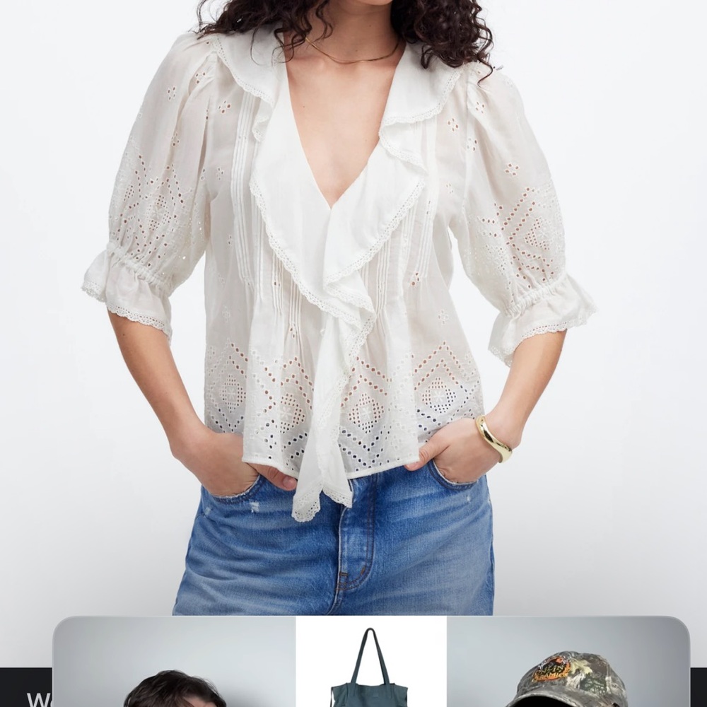Madewell White Eyelet Ruffle Puffy Sleeve Blouse Top Brand New - Picture 2 of 15